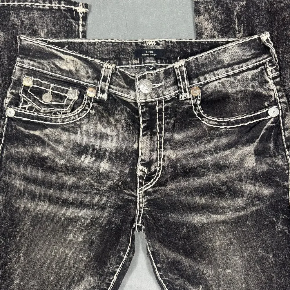 True Religion Ricky Relaxed Straight Acid Wash Black Jeans 33 Stitch